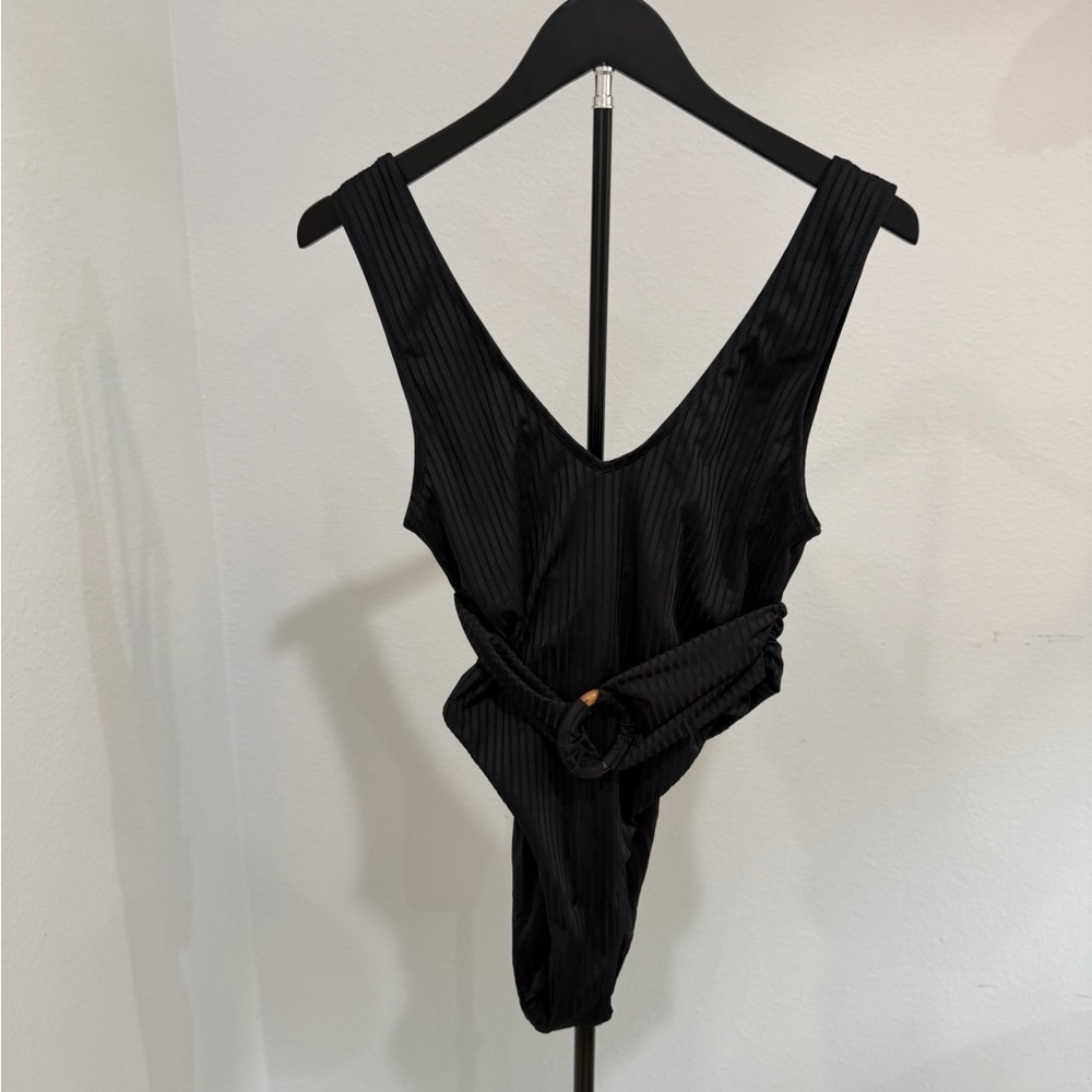 Beach Riot Black Ribbed V-Back One-Piece with Belted Waist